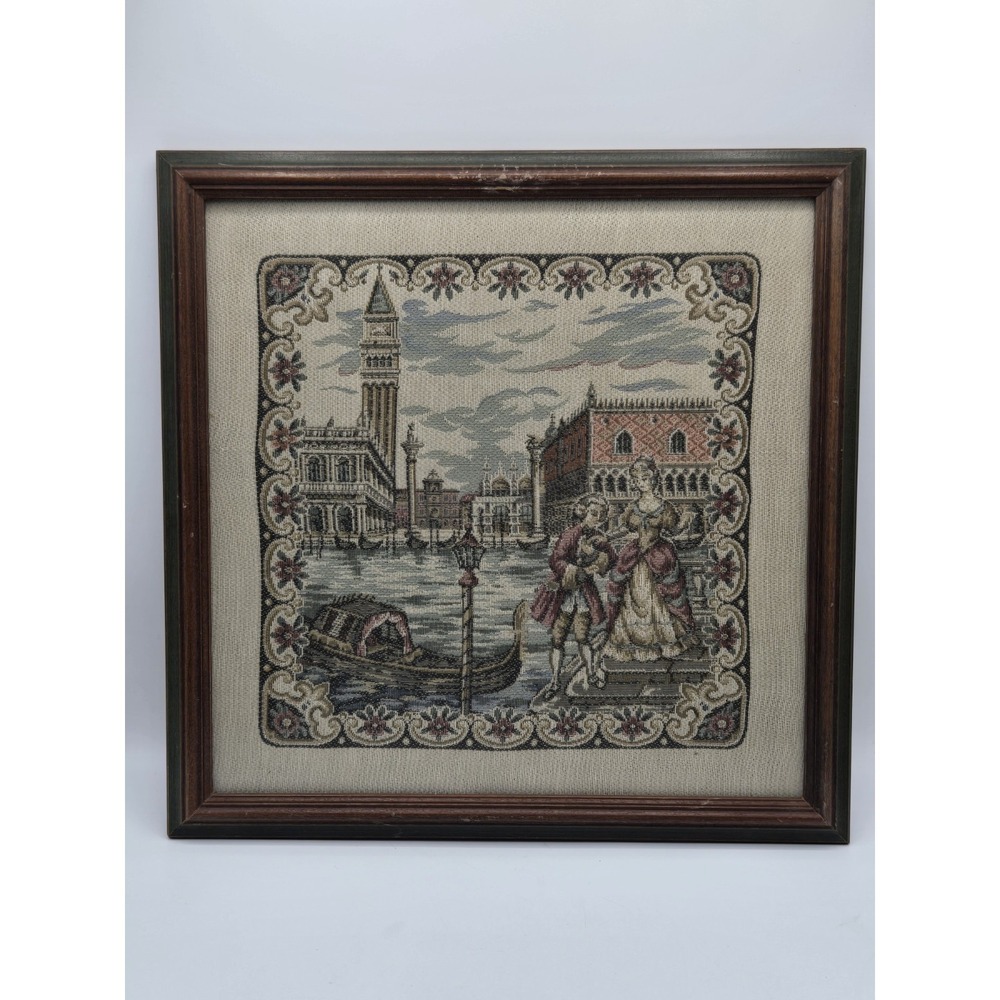 Italian Framed Tapestry Venice Gondola Scene Doge's Palace Romantic Courting